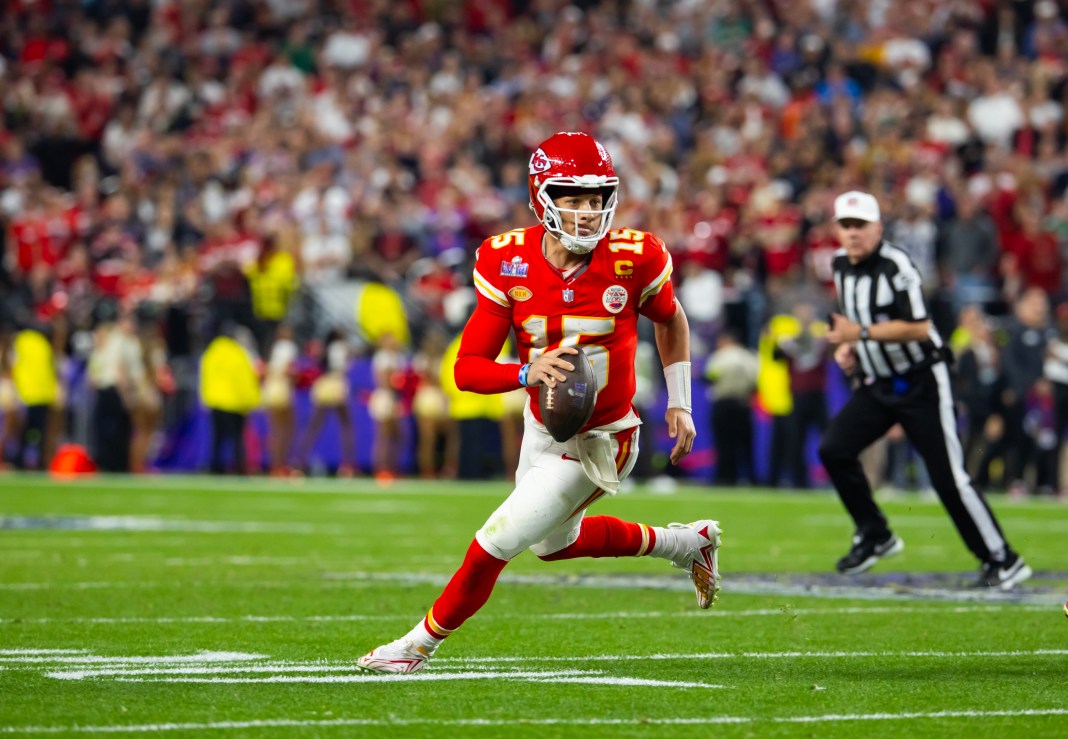 ansas City Chiefs quarterback Patrick Mahomes (15) against the San Francisco 49ers during Super Bowl LVIII at Allegiant Stadium