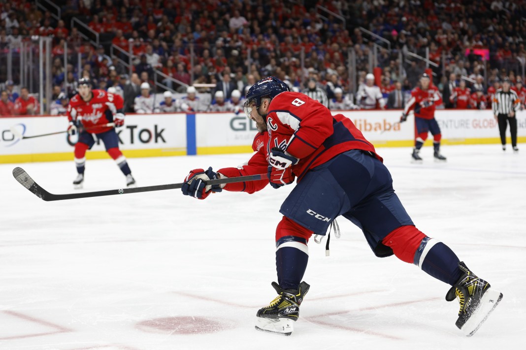 Washington Capitals left wing Alex Ovechkin shoots the puck against the New York Rangers in the third period at Capital One Arena.