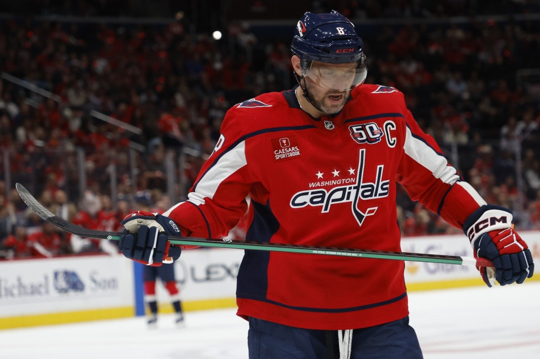 Washington Capitals left wing Alex Ovechkin (8) stands on the ice during a stoppage in play against the New Jersey Devils