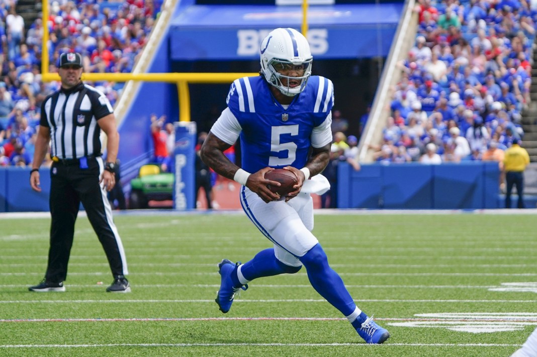 Indianapolis Colts quarterback Anthony Richardson (5) runs with the ball against the Buffalo Bills