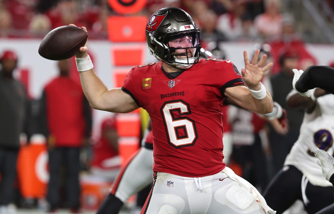 Tampa Bay Buccaneers quarterback Baker Mayfield (6) throws the ball against the Baltimore Ravens during the second half at Raymond James Stadium