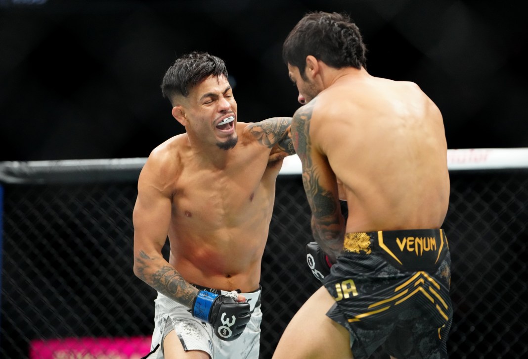 Alexandre Pantoja (red gloves) fights Brandon Royval (blue gloves) during UFC 296 at T-Mobile Arena