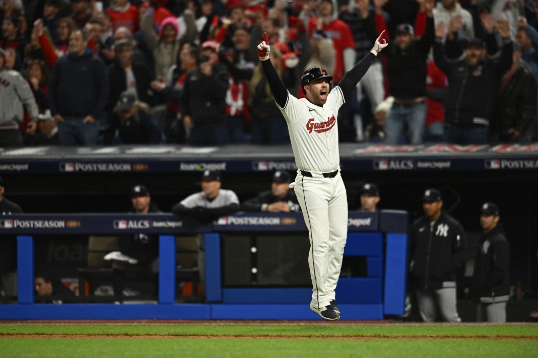 Cleveland Guardians first baseman David Fry (6) reacts after hitting the game winning home run during the tenth inning against the New York Yankees