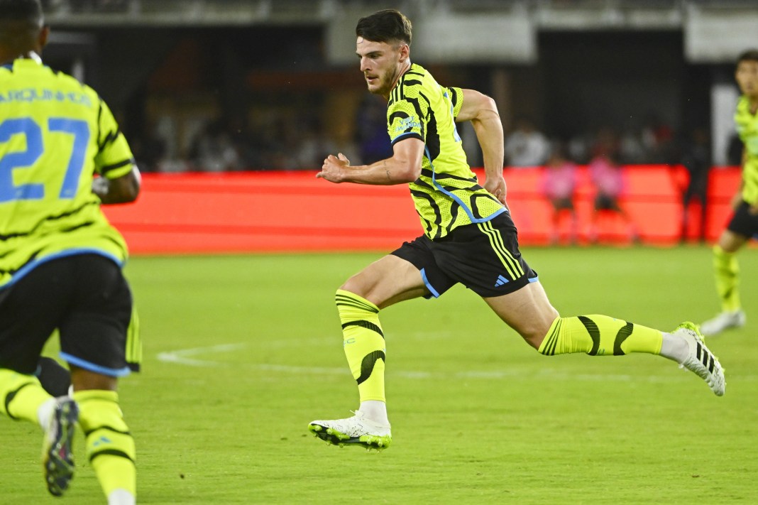 Arsenal midfielder Declan Rice (41) runs on the field against MLS during the second half of the 2023 MLS All Star Game at Audi Field