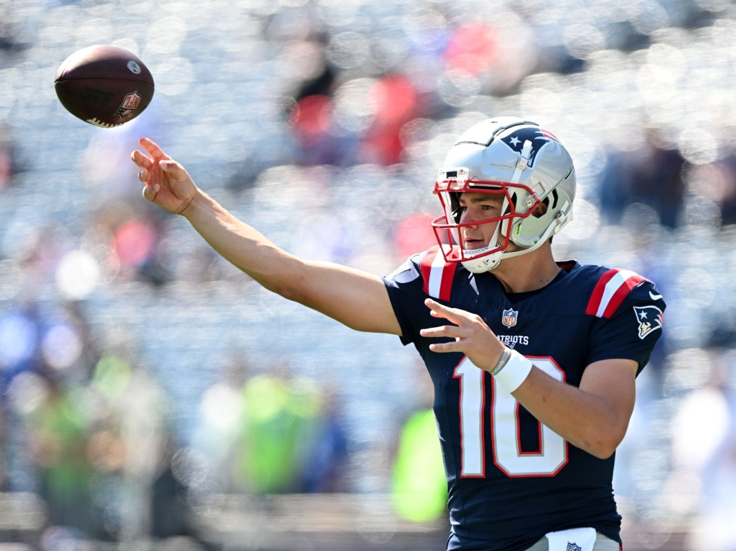 New England Patriots quarterback Drake Maye (10) throws the ball before a game against the Seattle Seahawks Gillette Stadium