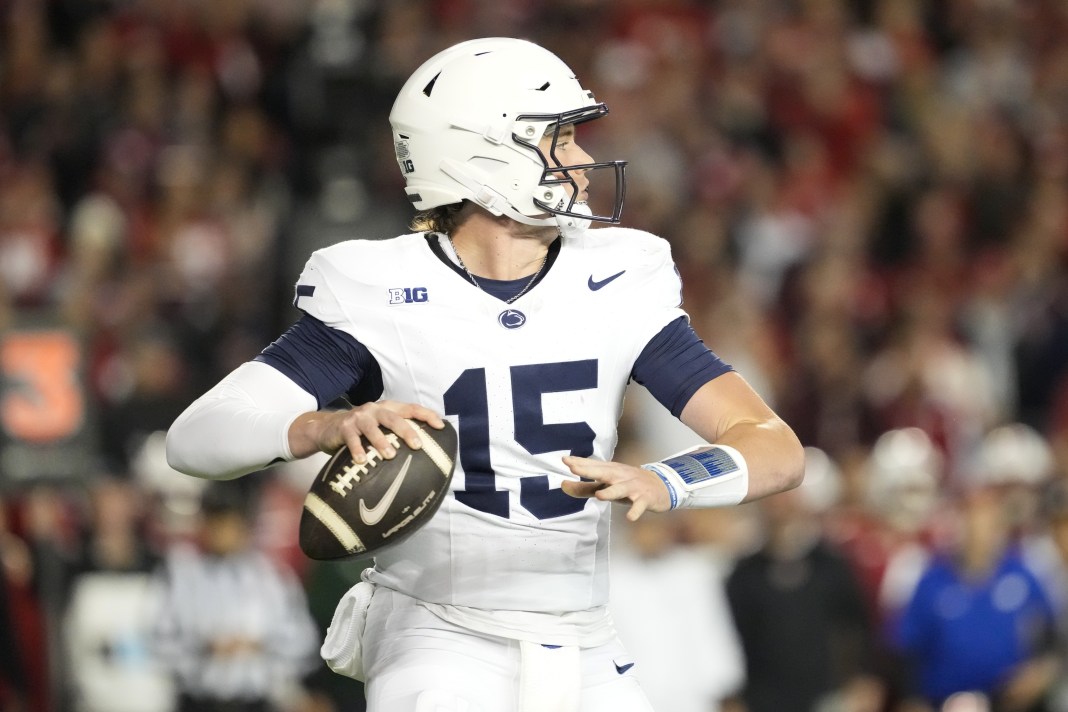 enn State Nittany Lions quarterback Drew Allar (15) throws a pass during the second quarter against the Wisconsin Badgers