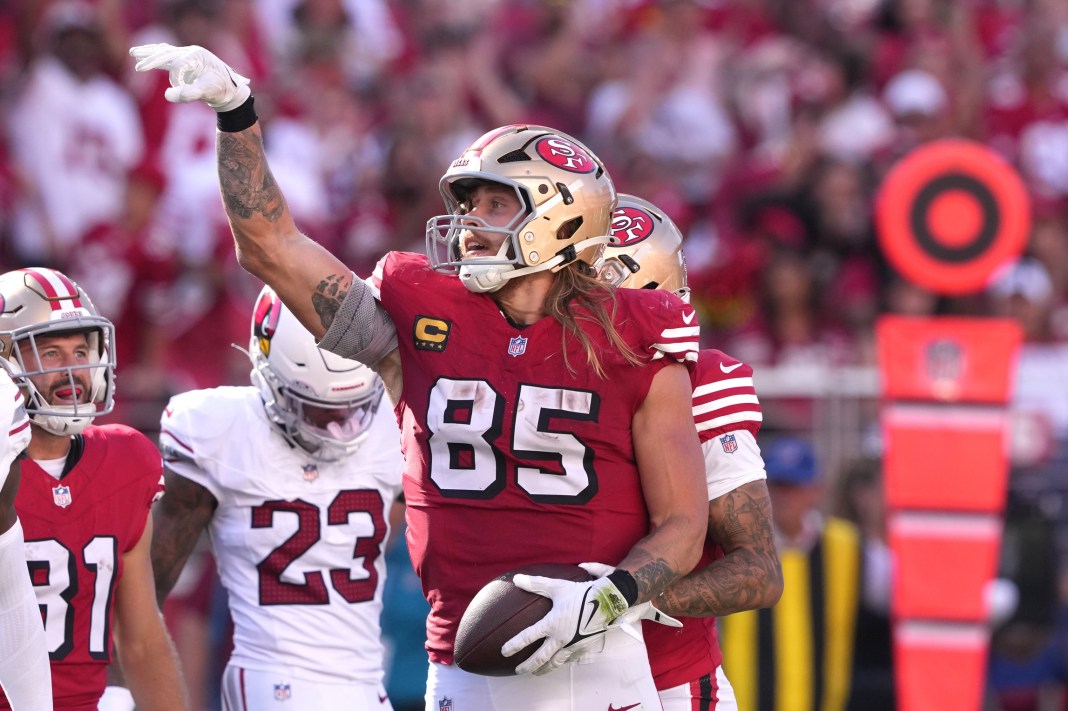 San Francisco 49ers tight end George Kittle (85) gestures after a catch against the Arizona Cardinals during the fourth quarter at Levi's Stadium