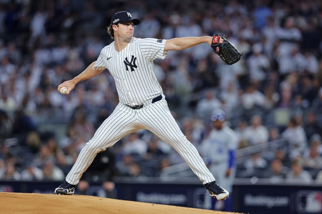 New York Yankees pitcher Gerrit Cole (45) throws a pitch during the first inning against Kansas City Royals