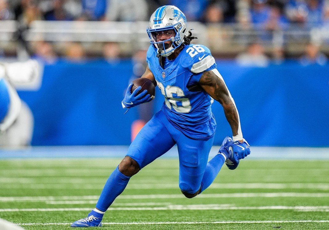 Detroit Lions running back Jahmyr Gibbs runs against Tennessee Titans during the second half at Ford Field.