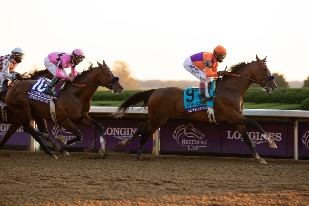 Authentic with John Velazquez up takes an early lead in the Longlines Breeders' Cup Classic race