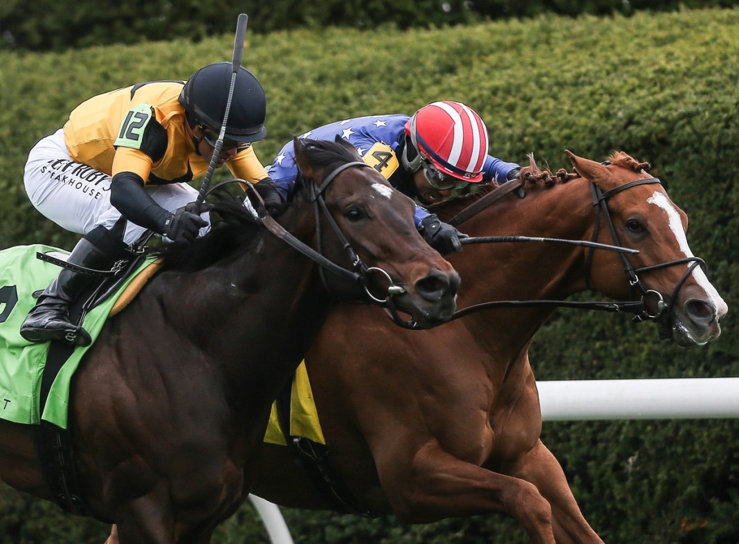 Jockey Reylu Gutierrez aboard Neat, on the inside rail, noses out challenger Cugino with Jockey Javier Castellan on the outside at the Transylvania Stakes