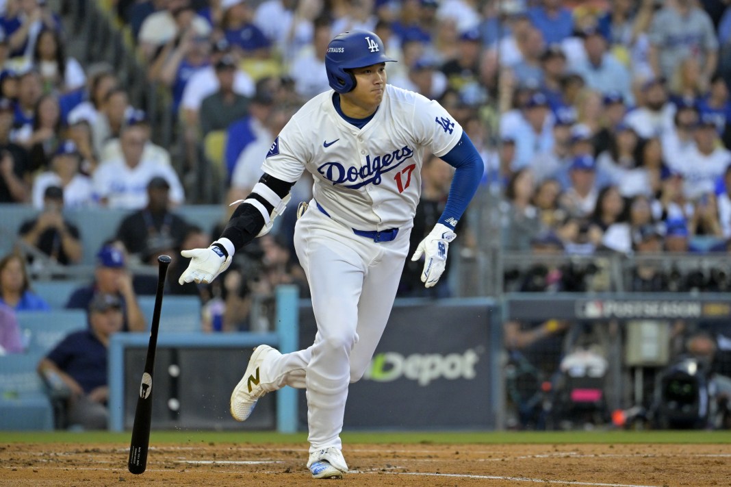 Los Angeles Dodgers two-way player Shohei Ohtani (17) hits a RBI single against the New York Mets