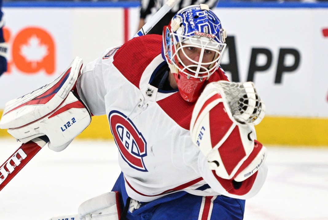 Montreal Canadiens goalie Samuel Montembeault (35) makes a glove save against the Toronto Maple Leafs in the second period at Scotiabank Arena