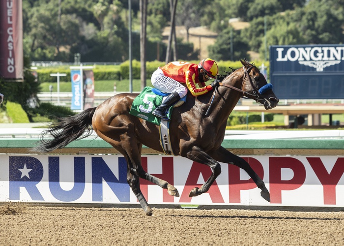 McKinzie and jockey Mike Smith win the Grade II, $200,000 Triple Bend Stakes, Sunday, June 7, 2020 at Santa Anita Park, Arcadia CA