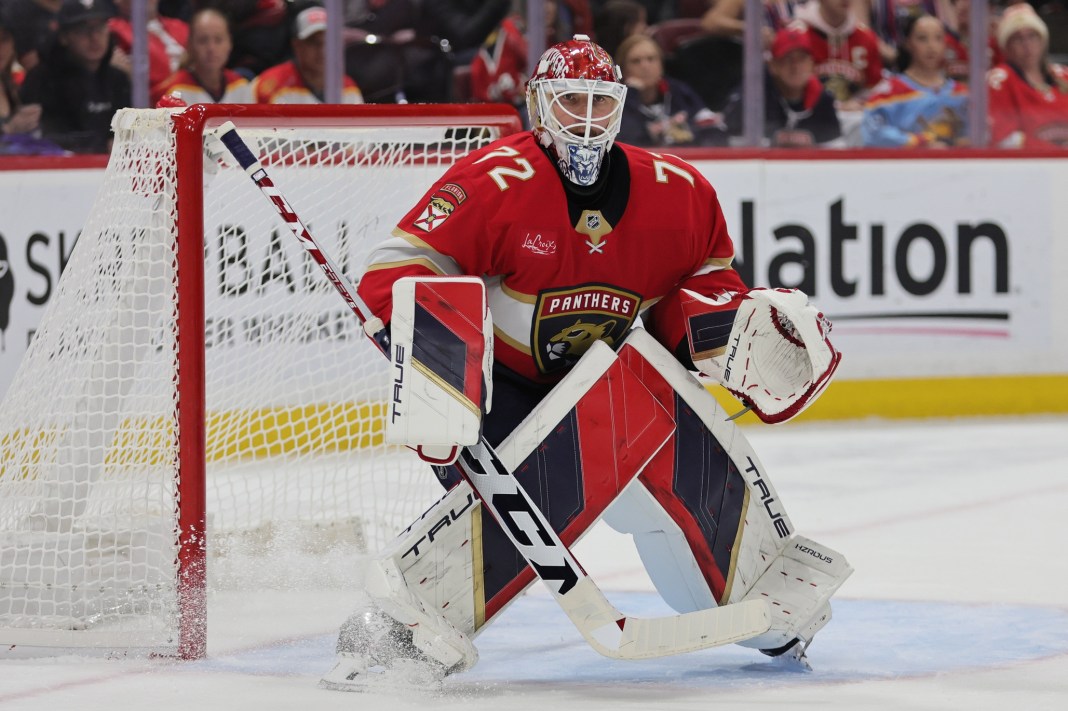 Florida Panthers goaltender Sergei Bobrovsky (72) defends his net against the Minnesota Wild