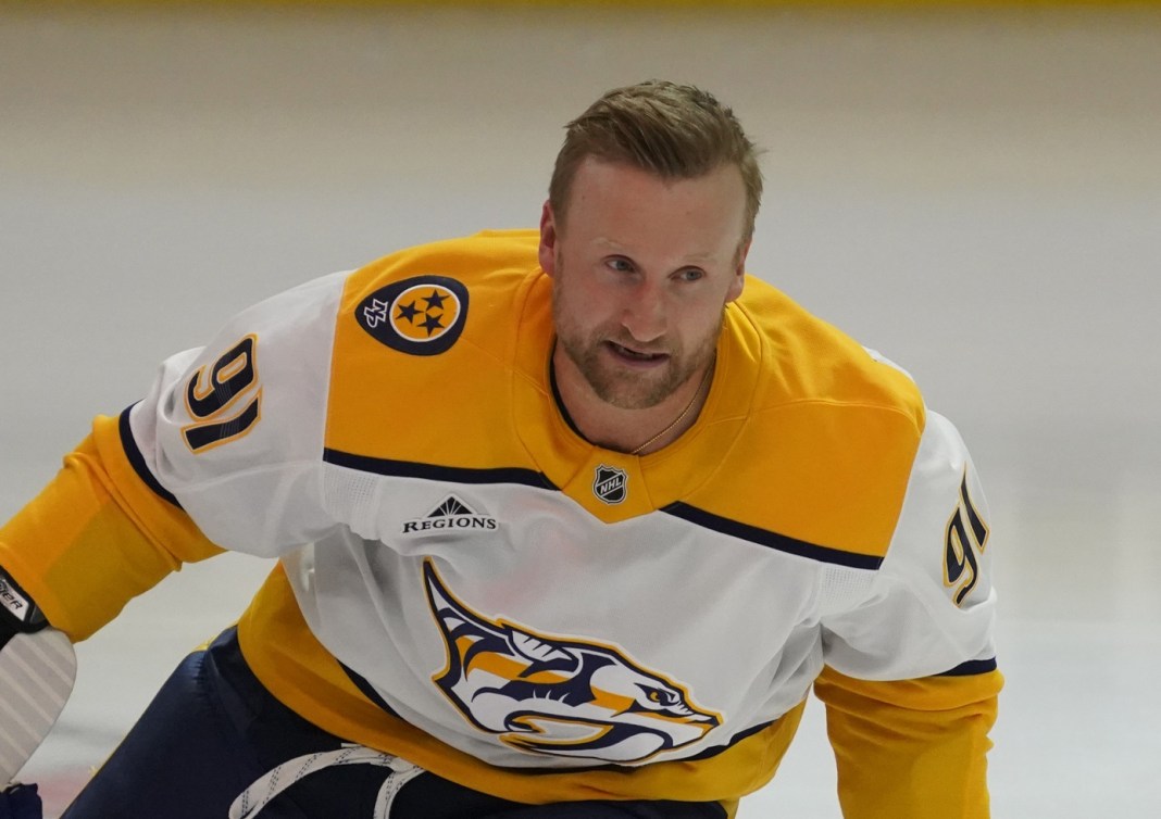 Nashville Predators center Steven Stamkos (91) warms up before a game against the Chicago Blackhawks at United Center