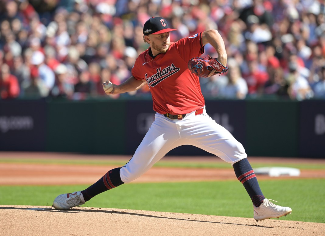 Cleveland Guardians pitcher Tanner Bibee (28) throws a pitch against the Detroit Tigers