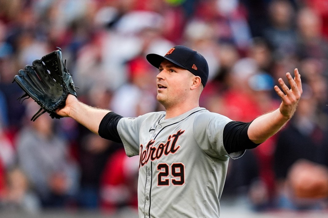 Detroit Tigers pitcher Tarik Skubal (29) celebrates after a double play against Cleveland Guardians in the sixth inning of Game 2 of ALDS at Progressive Field in Cleveland, Ohio