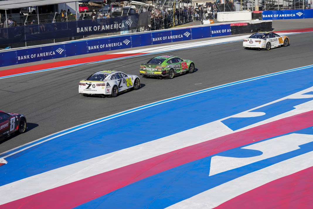 NASCAR Cup Series driver A.J.Allmendinger (16) leads the lead group through turn three during the Bank of America Roval 400 at Charlotte Motor Speedway Road