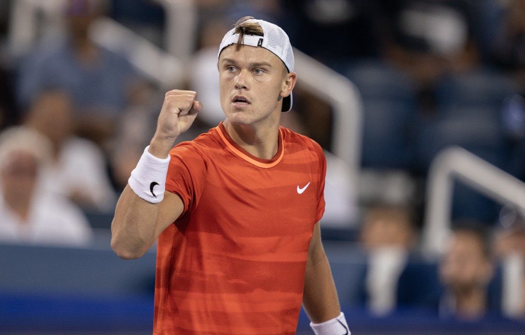 Holger Rune reacts to a point in a match against Frances Tiafoe in Cincinnati.