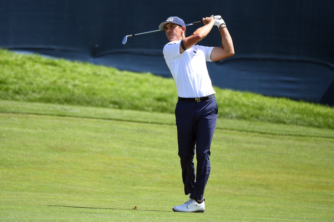 Billy Horschel hits a shot on the 18th hole during the final round of the BMW Championship golf tournament at Castle Pines Golf Club