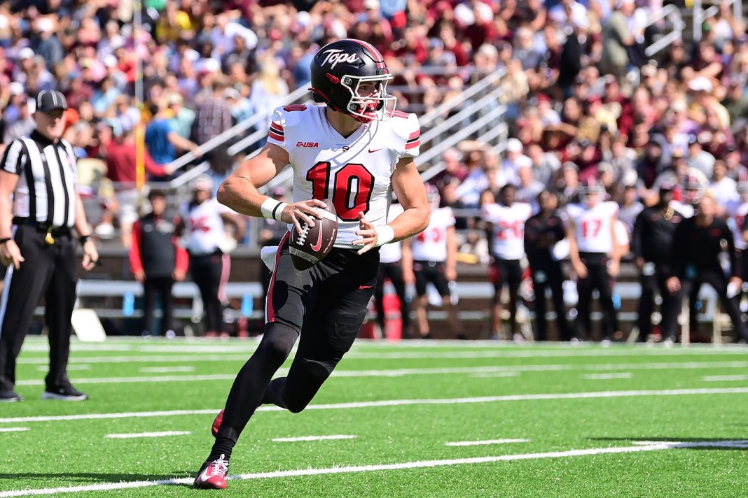 Western Kentucky Hilltoppers quarterback Caden Veltkamp (10) looks to pass during the first half against the Boston College Eagles at Alumni Stadium