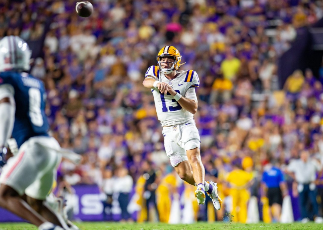 LSU quarterback Garrett Nussmeier throws a pass against South Alabama.