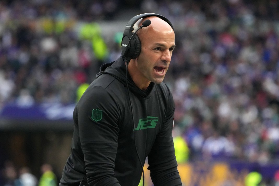 New York Jets coach Robert Saleh reacts against the Minnesota Vikings in the first half at Tottenham Hotspur Stadium