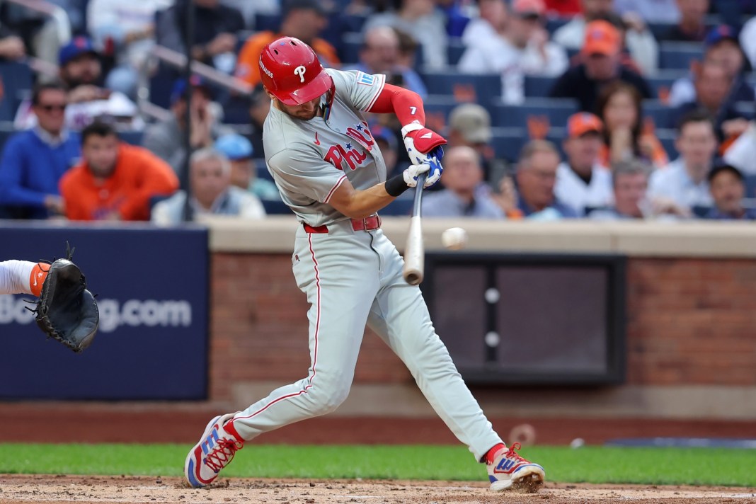 Philadelphia Phillies shortstop Trea Turner (7) hits a single in the third inning against the New York Mets