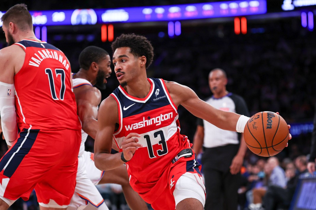 Wizards guard Jordan Poole looks to make a play in a game against the Knicks in preseason.