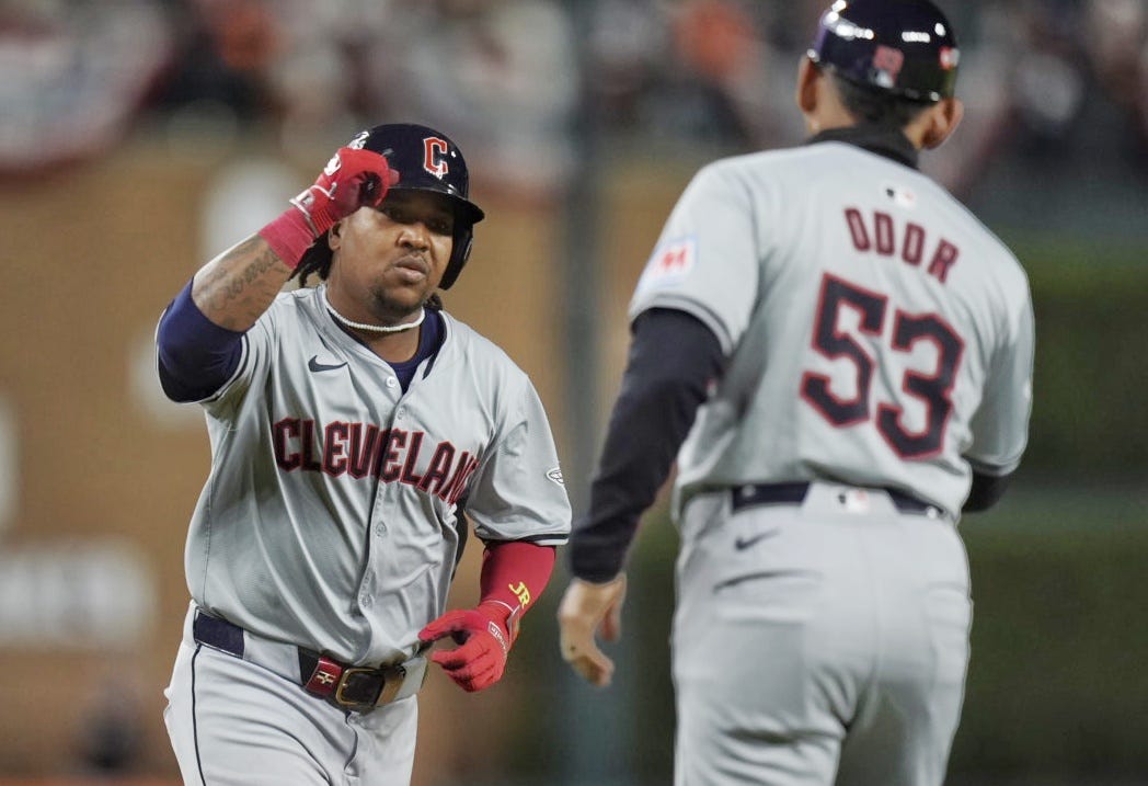 Guardians' Jose Ramirez bats a solo home run against Tigers in the fifth inning of Game 4 of ALDS.