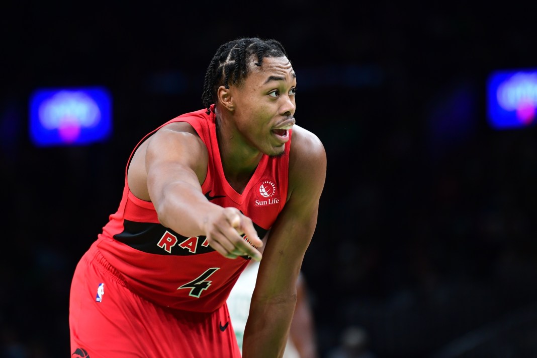 Raptors forward Scottie Barnes communicates with his teammates in a preseason game against the Celtics.