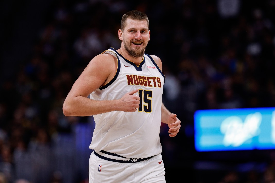 Nuggets star Nikola Jokic reacts after a play in the preseason.