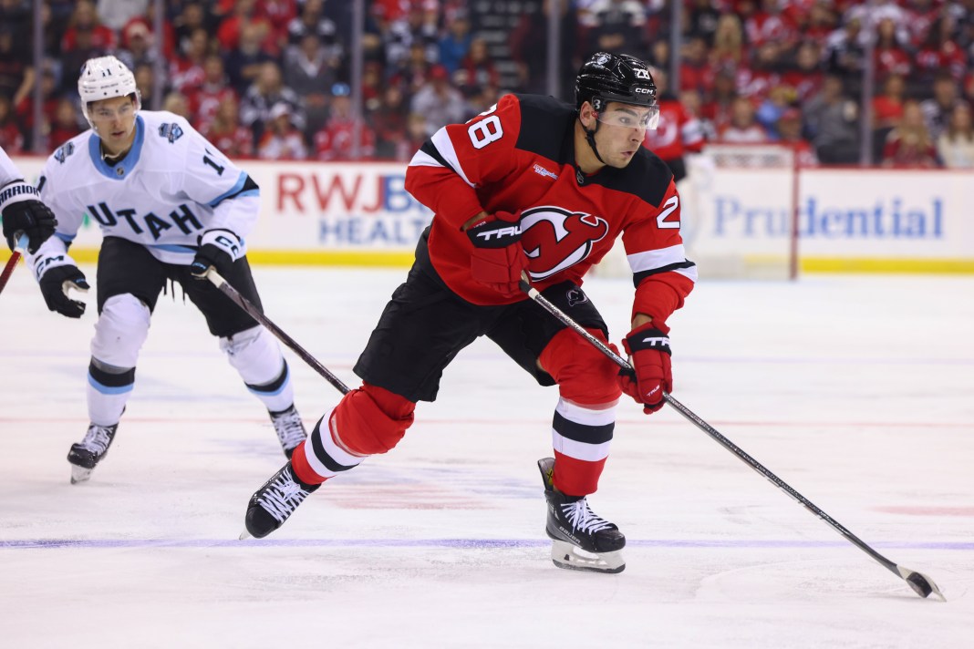 New Jersey Devils right wing Timo Meier (28) skates with the puck against the Utah Hockey Club during the second period at Prudential Center