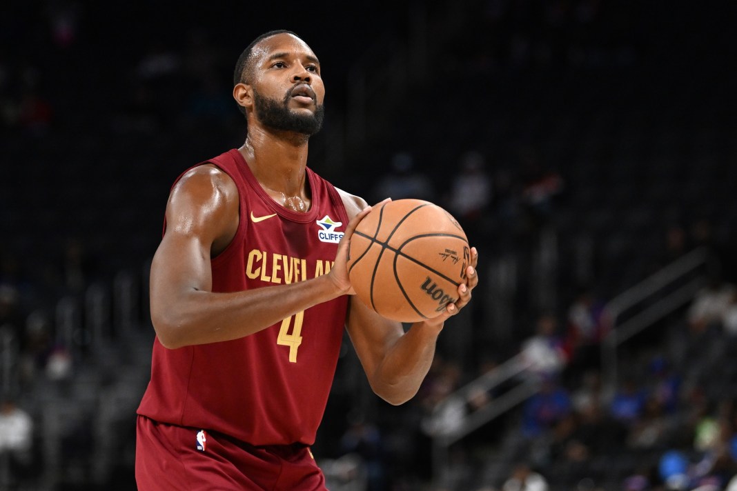 Cavaliers big man Evan Mobley shoots a foul shot against the Pistons.