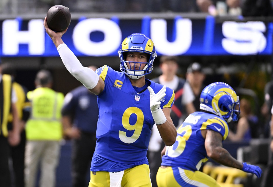 Rams quarterback Matthew Stafford throws a pass in a win over the Raiders in Week 7 of the 2024 NFL season.