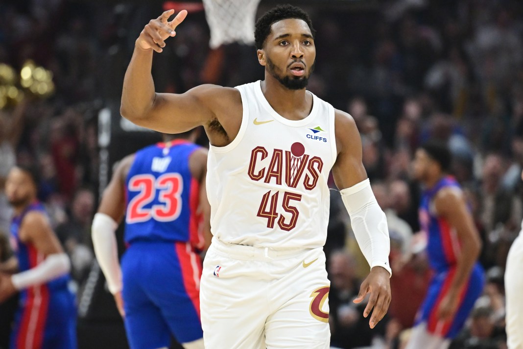 Cleveland Cavaliers guard Donovan Mitchell (45) celebrates after a basket during the first quarter against the Detroit Pistons