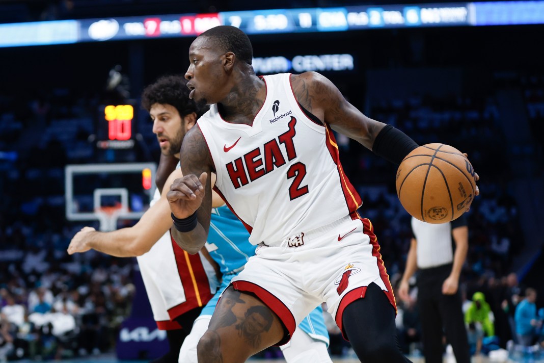 Miami Heat guard Terry Rozier drives the baseline against the Charlotte Hornets during the first quarter at Spectrum Center.