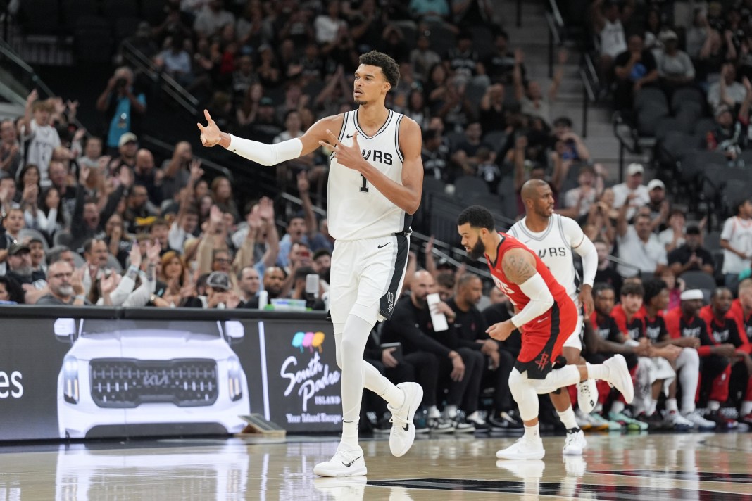 San Antonio Spurs center Victor Wembanyama (1) celebrates a three-point shot