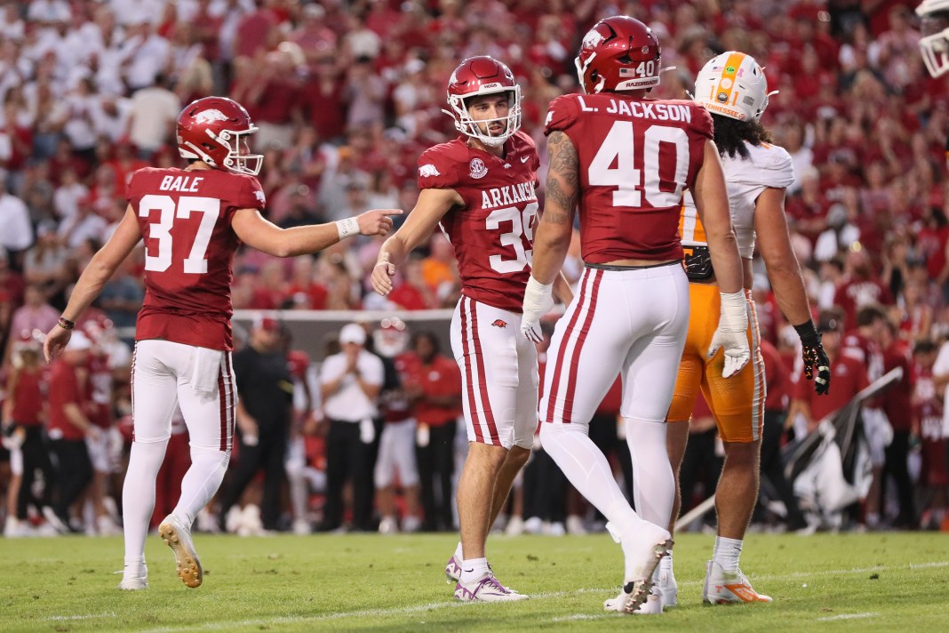 Arkansas Razorbacks kicker Kyle Ramsey (39) celebrates after kicking a field goal during the first quarter against the Tennessee Volunteers