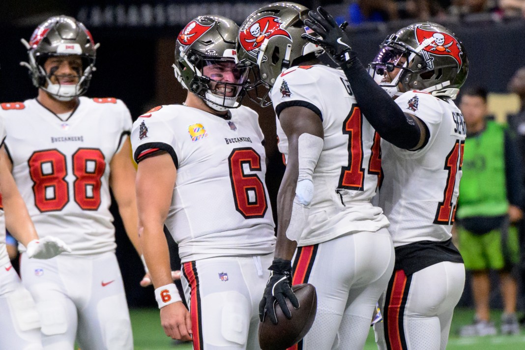 Tampa Bay Buccaneers quarterback Baker Mayfield (6) celebrates the touchdown reception of Tampa Bay Buccaneers wide receiver Chris Godwin (14)