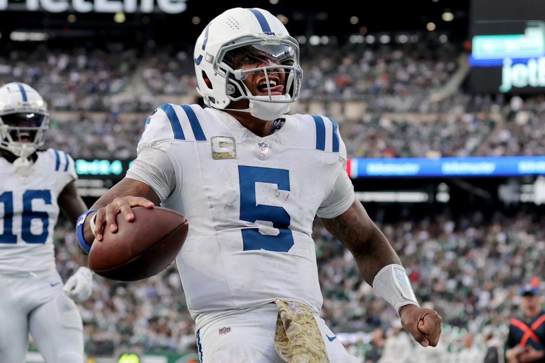 Indianapolis Colts quarterback Anthony Richardson celebrates his touchdown against the New York Jets