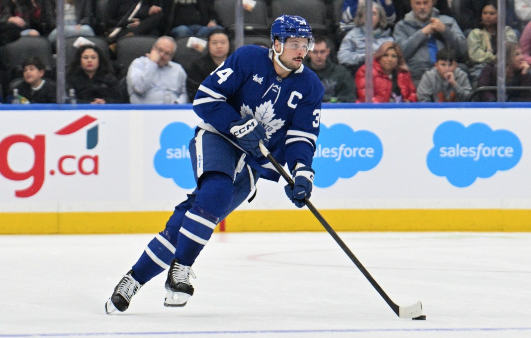 Toronto Maple Leafs forward Auston Matthews skates with the puck against the Seattle Kraken in the first period at Scotiabank Arena