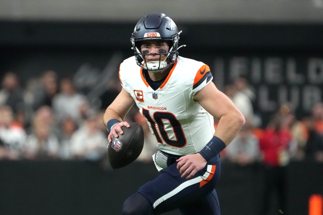 Denver Broncos quarterback Bo Nix throws the ball against the Las Vegas Raiders in the first quarter at Allegiant Stadium