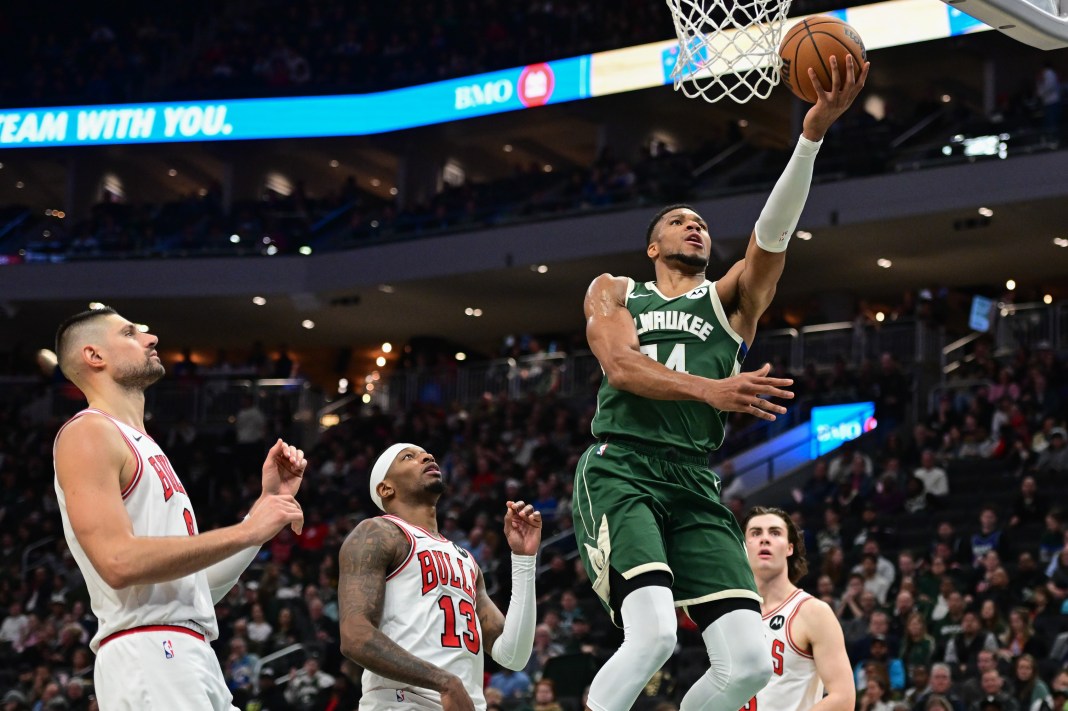 Milwaukee Bucks forward Giannis Antetokounmpo takes a shot against Chicago Bulls