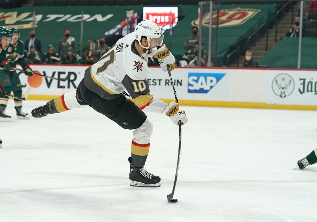 Vegas Golden Knights center Nicolas Roy scores a goal