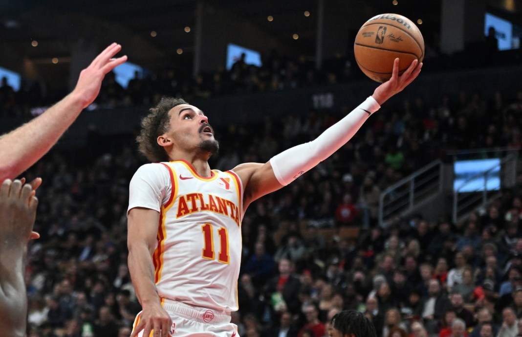 Atlanta Hawks guard Trey Young shoots the ball against the Toronto Raptors in the first half at Scotiabank Arena