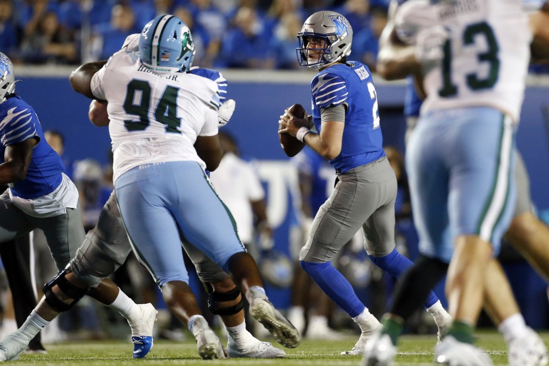 Memphis Tigers quarterback Seth Henigan drops back to pass during the first half against the Tulane Green Wave