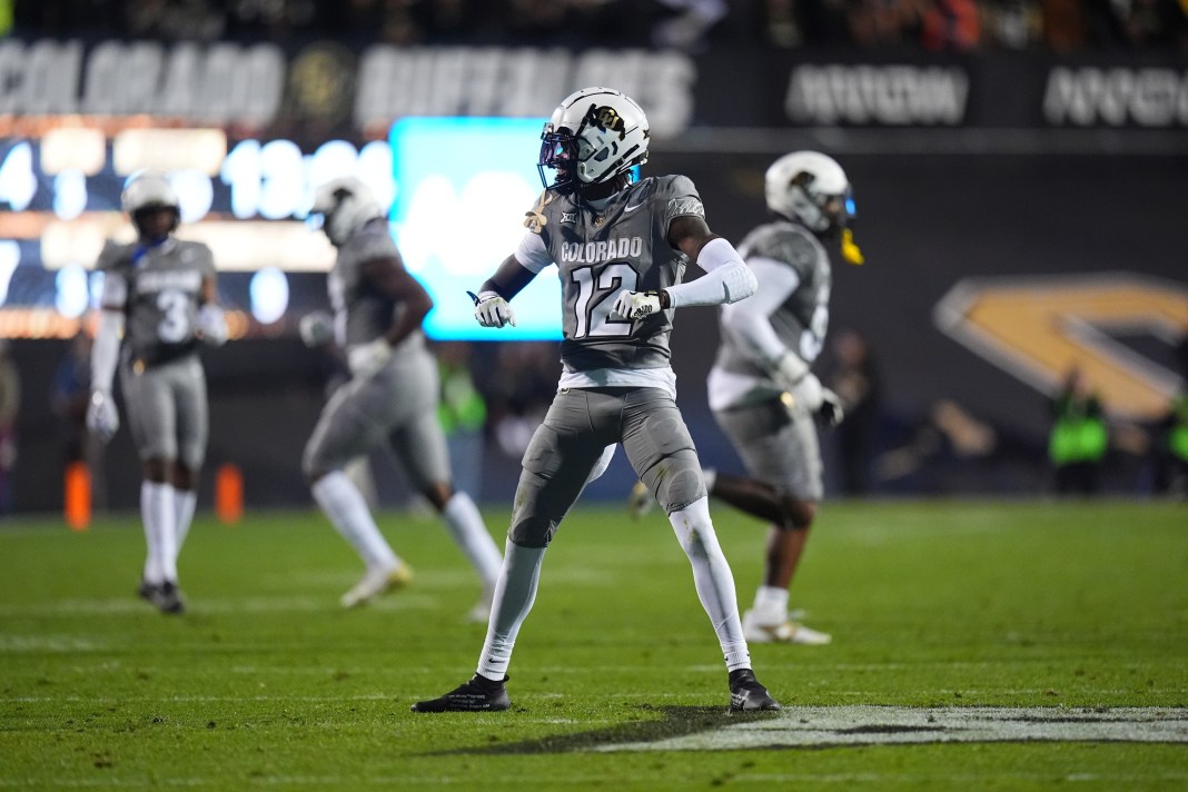 Colorado star Travis Hunter reacts to a play in a win over Cincinnati in the 2024 college football season.