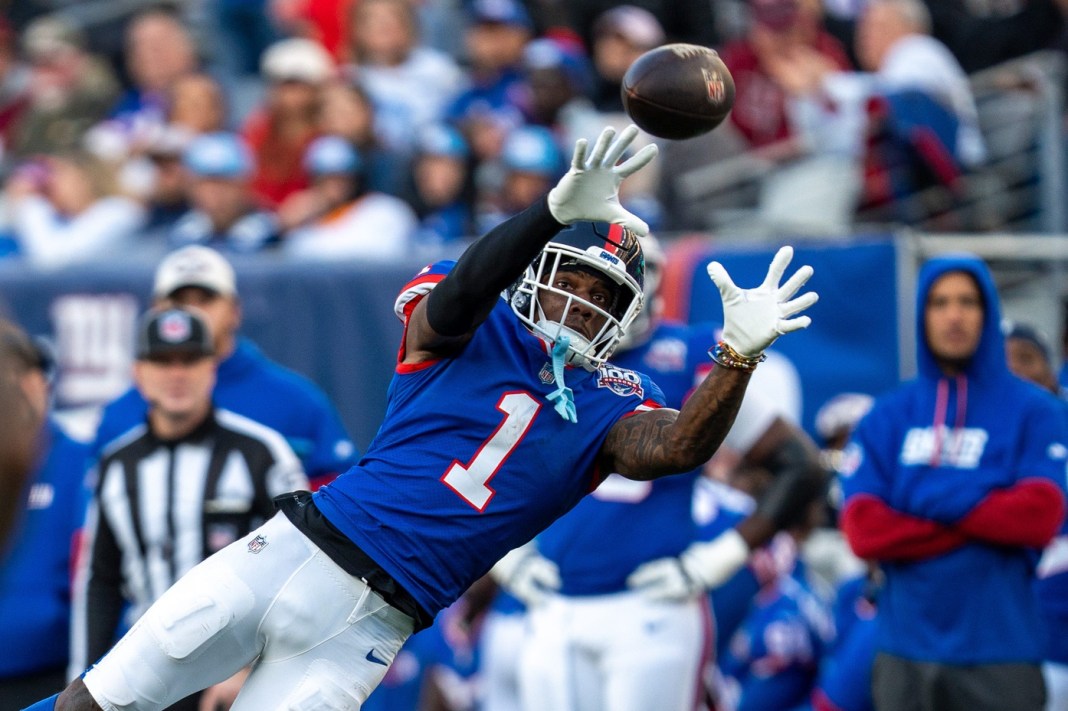 Giants rookie Malik Nabers looks to catch a pass against the Commanders during the 2024 NFL season.